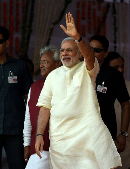 Mr. Modi in Mathura, southeast of Delhi, before his speech Monday marking the anniversary of his inauguration. Credit Money Sharma/Agence France-Presse — Getty Images