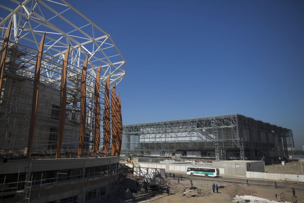 The Arena do Futuro, that will host handball games, right, and Arena Carioca 1, left, are seen under construction at the Olympic Park of the 2016 Olympics in Rio de Janeiro, Brazil, Thursday, June 11, 2015. Rio will host the Olympic Games in 2016. (Felipe Dana/Associated Press)