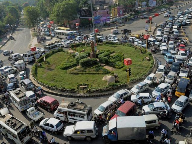 "Dangerous or careless driving and over-taking were the leading causes, accounting for 39 per cent of total fatal road accidents." Photo shows a vehicle traffic jam at Board Office square in Bhopal.
