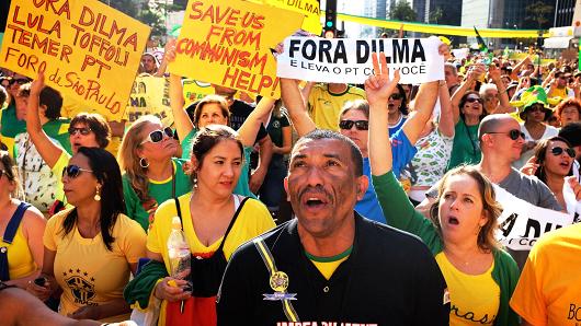 Anti-government protesters rally in São Paulo, Brazil on August, 16, 2015.