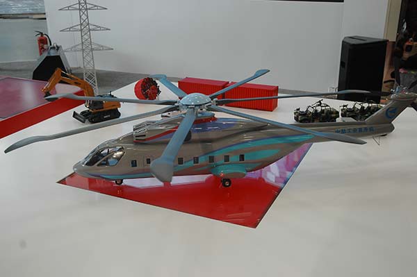 A model of a heavy-lift helicopter is displayed at the Third China Helicopter Expo. Aircraft expected to corner about 25% of international market, industry expert says. © China Daily