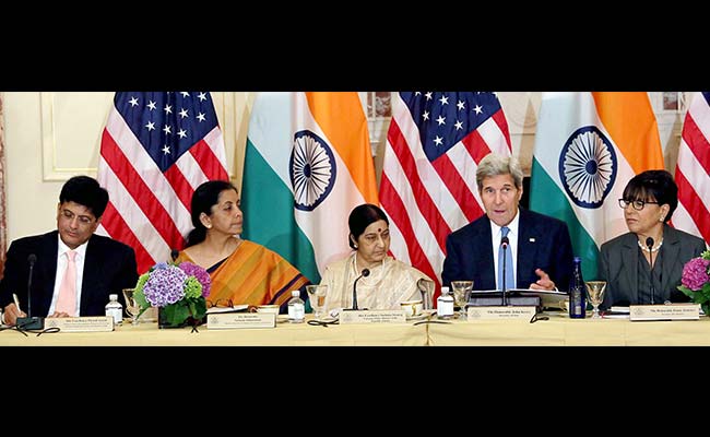 Piyush Goyal (L), Nirmala Sitharaman (2L) and Sushma Swaraj (C) with US Secretary of State John Kerry during India-US Strategic & Commercial Dialogue in Washington DC (PTI Photo)