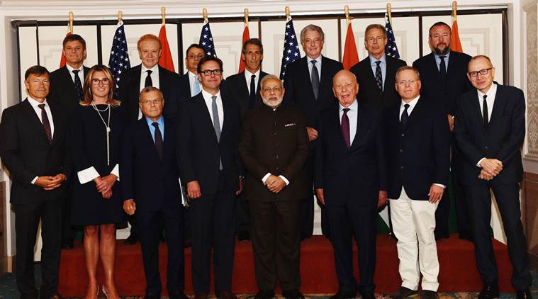 Prime Minister Narendra Modi with Media titan Rupert Murdoch pose for a group picture before a round table meeting on "Media, technology and communication - Growth story for India" in New York on Thursday. © Subhav Shukla