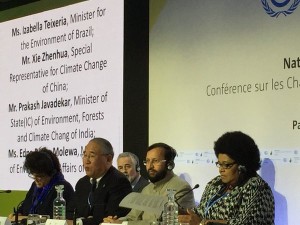 Indian Environment Minister Prakash Javadekar (2nd from right) and China’s Special Representative for Climate Change Xie Zhenhua (3rd from right) at the BASIC (Brazil, India, China, South Africa) talks on the sidelines of the COP21 in Paris [Image: MEA, India] 