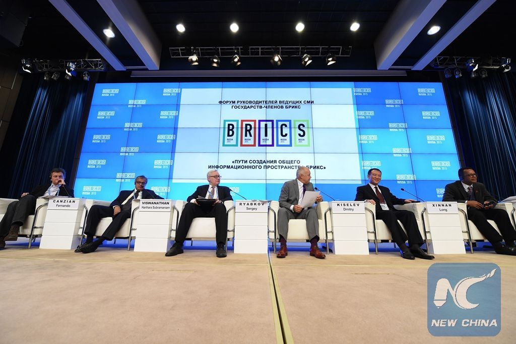 Photo taken on Oct. 8, 2015 shows a view of the Forum of the Heads of Leading Media Outlets from the BRICS in Moscow, capital of Russia. Executives of leading media organizations from the BRICS group vowed Thursday to boost cooperation and create a common information space among the world's five leading emerging economies. © Xinhua/Dai Tianfang