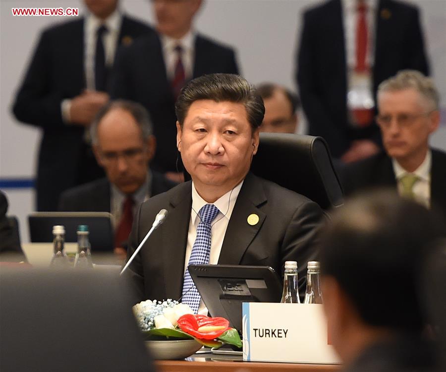 Chinese President Xi Jinping attends the first session of the 10th summit of the Group of Twenty (G20) major economies in Antalya, Turkey, Nov 15, 2015. © Xinhua