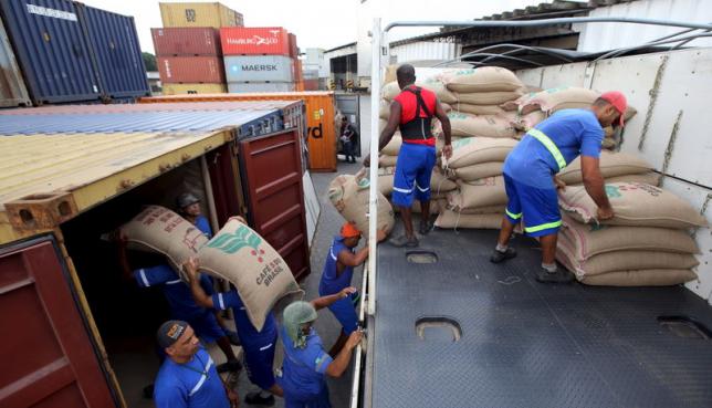 Workers load 60-kg jute bags of coffee beans for export onto a container in Santos, Brazil, December 10, 2015. REUTERS/Paulo Whitaker