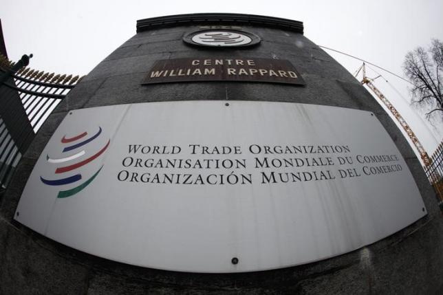 The World Trade Organization WTO logo is seen at the entrance of the WTO headquarters in Geneva April 9, 2013.REUTERS/Ruben Sprich