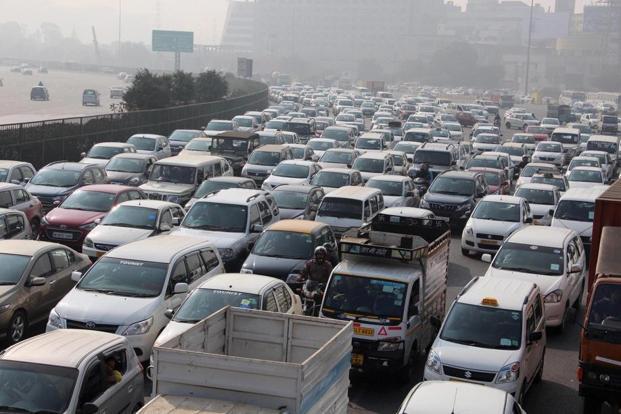 A view of traffic jam at expressway at Gurgaon- Delhi border on Tuesday. Photo: PTI