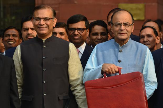 Finance minister Arun Jaitley (right) with minister of state for finance Jayant Sinha leaving for Rashtrapati Bhawan on Monday morning to present Union Budget 2016. Photo: Pradeep Gaur/Mint