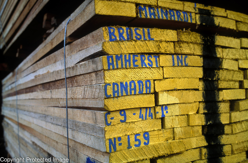 Boards packed for export at sawmill at Marajo Island in Amazon estuary, Brazil