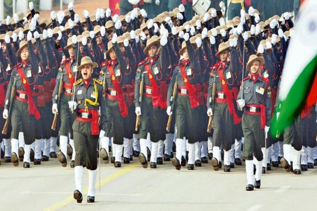 A file photo shows Assam Rifles jawans marching during the Republic Day parade. The Indian defence budget is expected to reach $64.8 billion by 2020, IHS said. Photo: HT