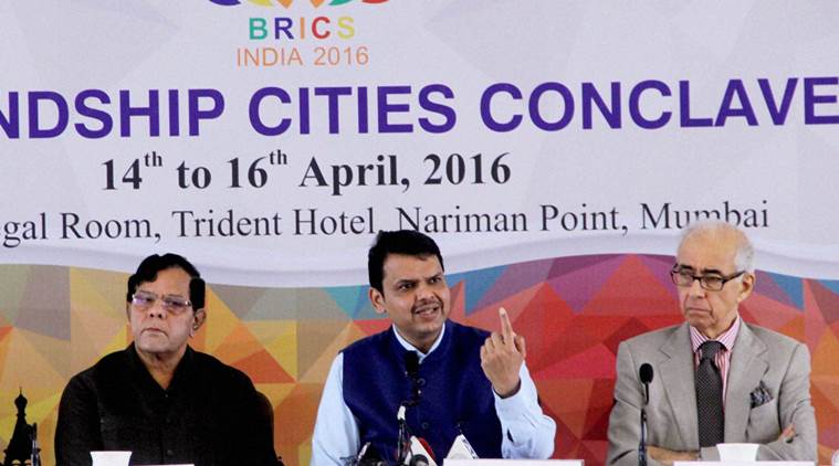 Maharashtra Chief Secretary Swadheen Kshatriya, Chief Minister Devendra Fadnavis and Mumbai First chairperson Narinder Nayar at the BRICS Friendship Cities Conclave 2016 in Mumbai on Friday. Photo: PTI