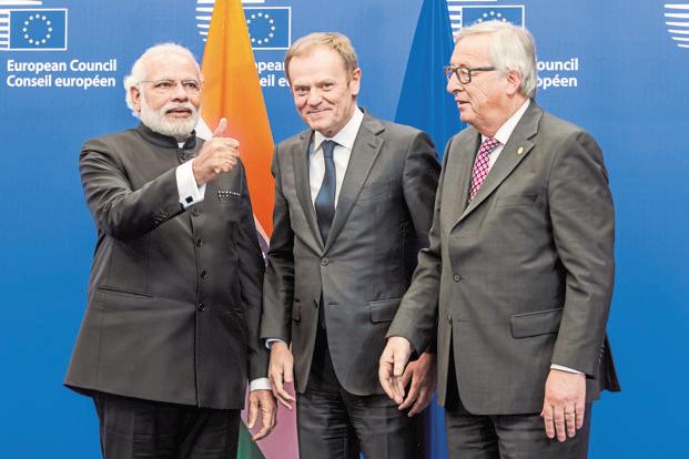 Prime Minister Narendra Modi with European Commission president Jean-Claude Juncker (right) and European Council president Donald Tusk before an EU India summit in Brussels on Wednesday. Photo: AP