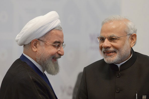 Iran’s President Hassan Rouhani (left) meets with India’s Prime Minister Narendra Modi in Ufa on July 9, 2015 on the sidelines of a summit of the BRICS in Ufa, Russia [Image: BRICS2015]
