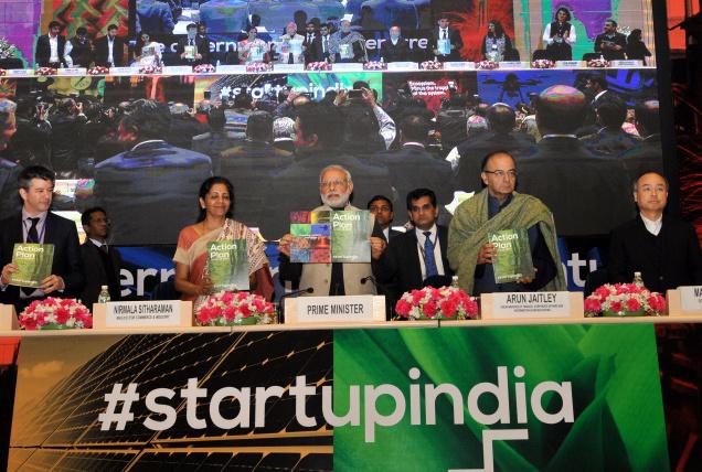 Prime Minister Narendra Modi with Finance Minister Arun Jaitley and Commerce and Industry Minister Nirmala Sitharaman with Entrepreneurs during the launch of Start Up India, at Vigyan Bhawan in New Delhi on January 16, 2016. Photo: Shanker Chakravarty