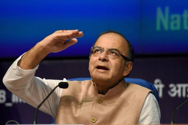 Finance minister Arun Jaitley at a press conference regarding the Union cabinet’s approval of recommendations of the Seventh Pay Commission, in New Delhi on Wednesday. Photo: PTI