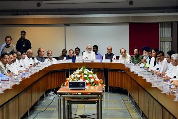 Prime Minister Narendra Modi (centre) and other leaders at an all-party meeting ahead of the monsoon session of Parliament on Sunday. Photo: PTI