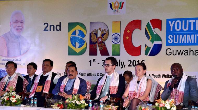 Chief Minister Sarbananda Sonowal, Union Minister for Youth Affairs Sports, Jitendar Singh and other foreign delegates during the 2nd BRICS Youth Summit in Guwahati on Friday. PTI Photo