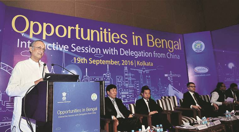 Finance Minister Amit Mitra with the Chinese delegation in Kolkata on Monday. PTI photo