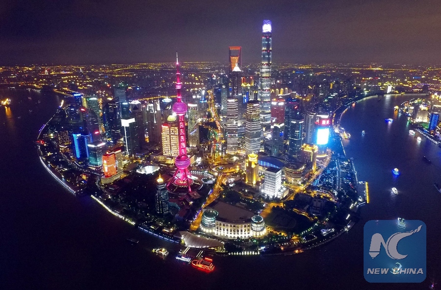 (151011) -- SHANGHAI, Oct. 11, 2015 (Xinhua) -- Photo taken on Oct. 4, 2015 shows an aerial night view of Shanghai, east China. (Xinhua) (wsw)