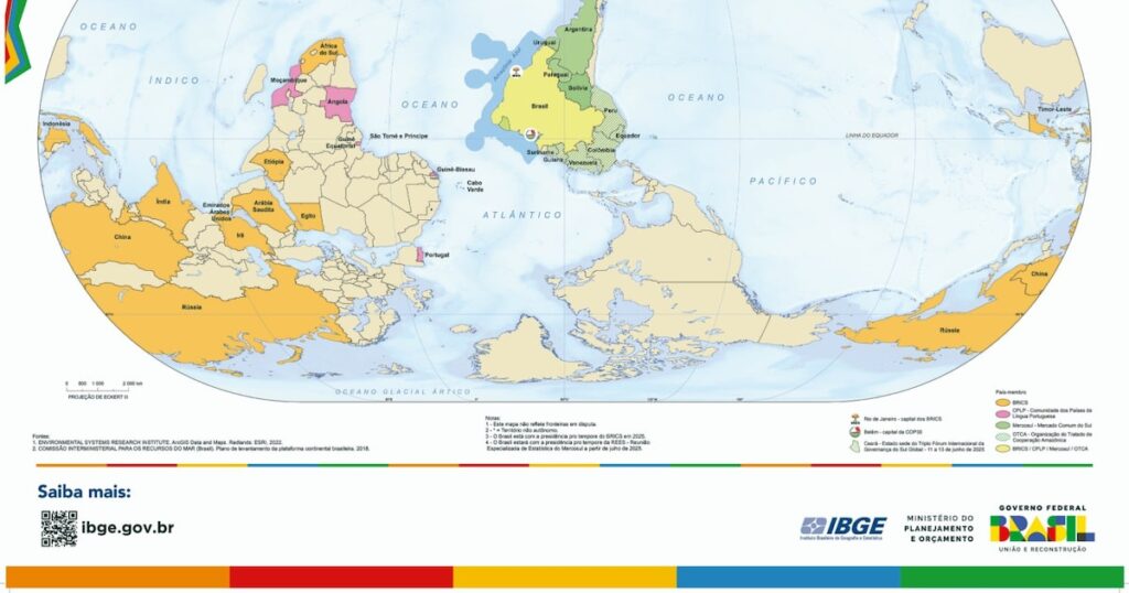 Invertido e com o Brasil no centro: IBGE lança nova versão do mapa-múndi; veja como ficou
