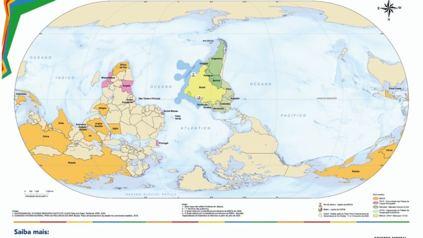 IBGE publica mapa-múndi de ponta-cabeça e com Brasil no centro