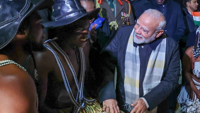 PM Modi receives traditional welcome at Namibia, tries his hand at playing local drums