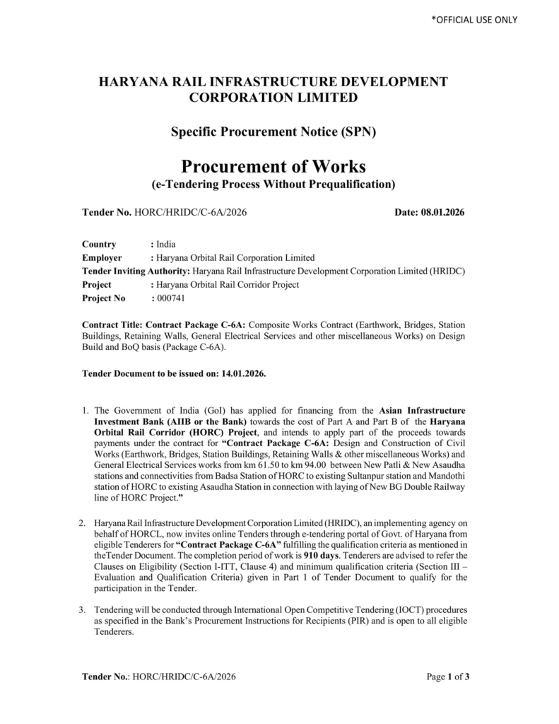 India: Specific Procurement Notice: Haryana Orbital Rail Corridor Part B Project