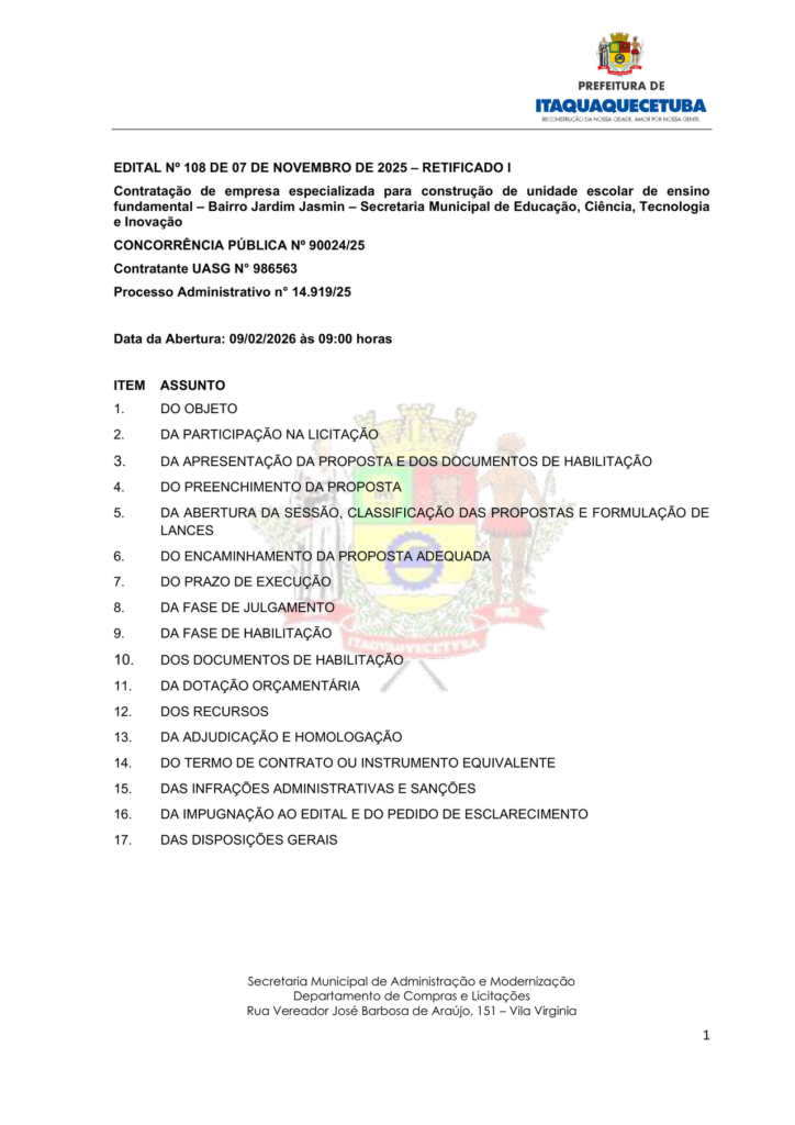 Brazil: Contratação de empresa especializada para construção de unidade escolar de ensino fundamental – Bairro Jardim Jasmin – Secretaria Municipal de Educação, Ciênci…