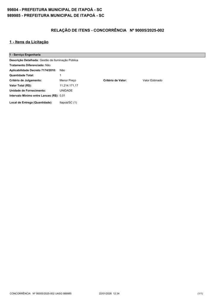 Brazil: Contratação de empresa de engenharia especializada para promover a gestão de Iluminação Pública do Município de Itapoá, contemplando manutenção de rotina e eme…