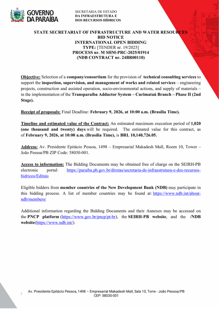 Brazil: Bidding Notice: Transparaíba Adductor System – Curimataú Branch – Phase II (2nd Stage)