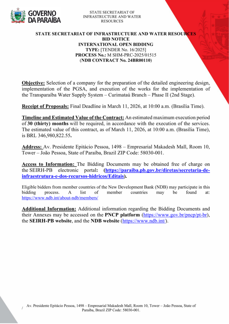 Brazil: Bid Notice: Implementation of the Transparaíba Water Supply System – Curimataú Branch – Phase II (2nd Stage)