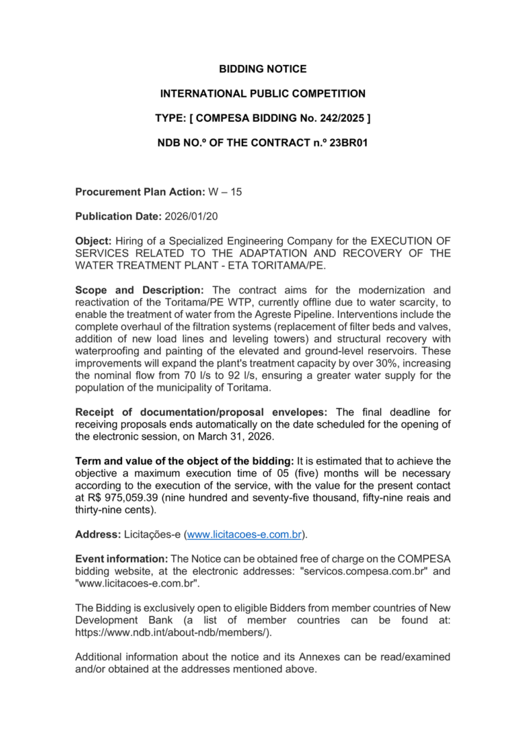 Brazil: Bidding Notice: the Adaptation and Recovery of the Water Treatment Plant - ETA TORITAMA/PE (EN)