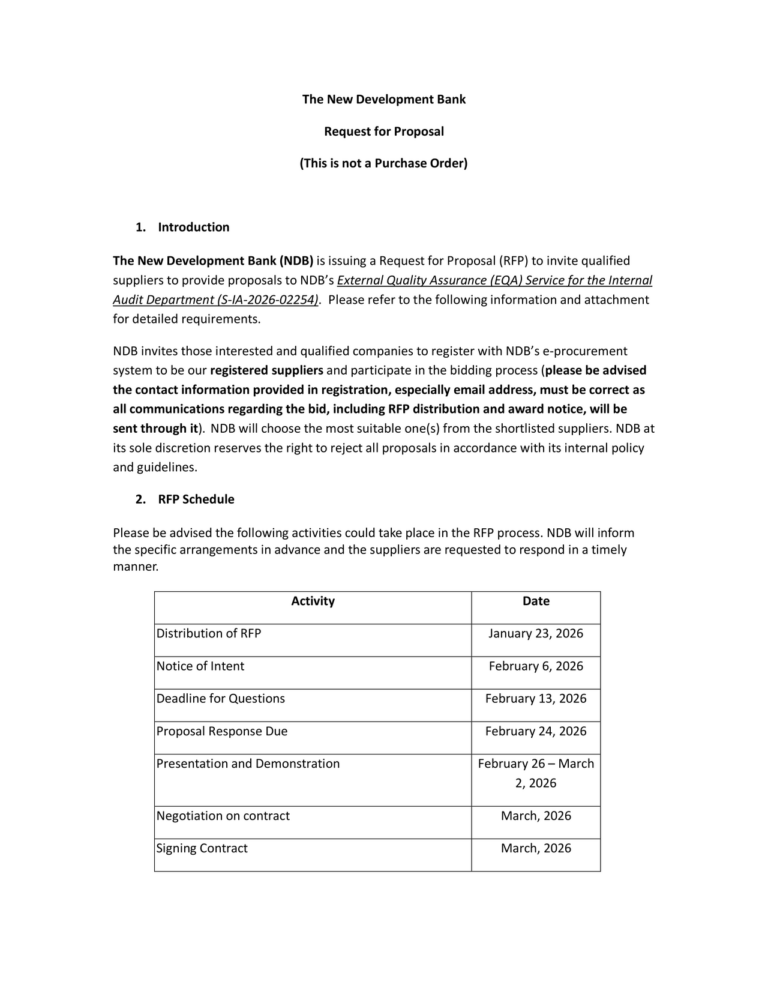 Request for Proposal: External Quality Assurance Service for the Internal Audit Department -Closing on February 24, 2026