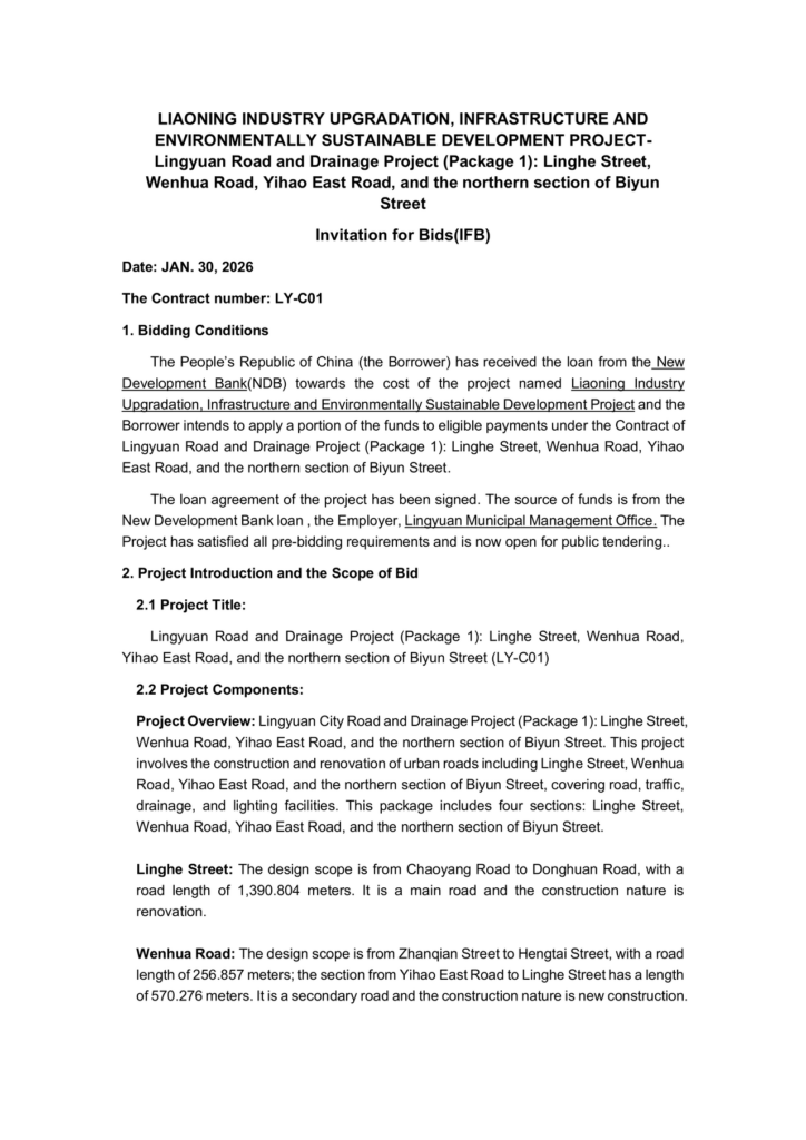 China: Invitation for Bids: Lingyuan Road and Drainage Project (Package 1) (EN)
