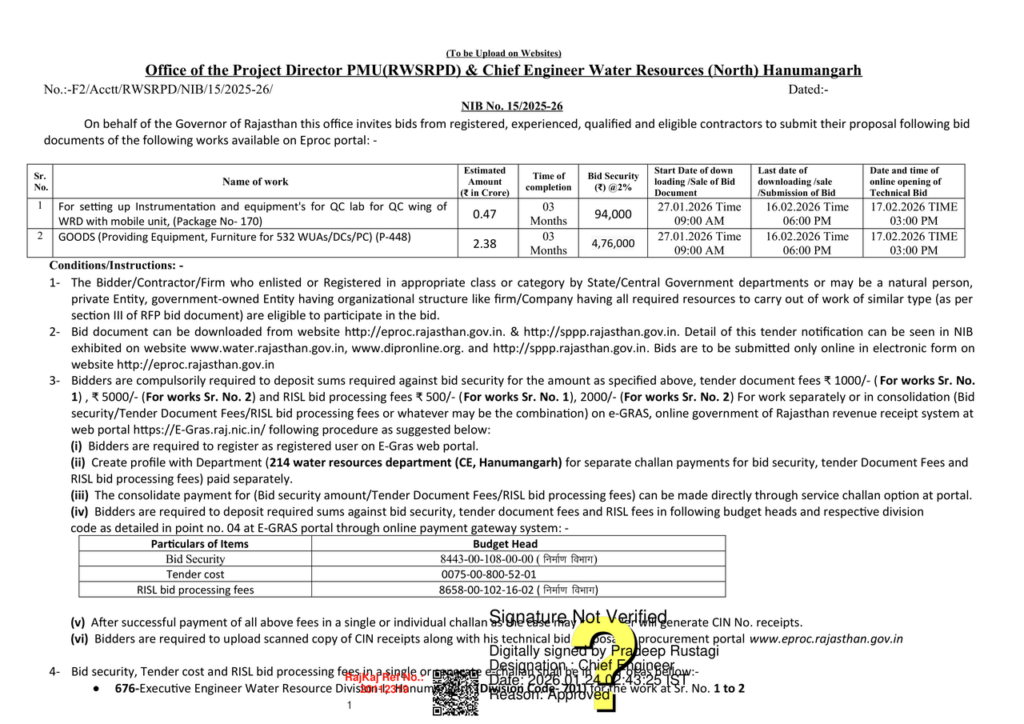 India: Notice Inviting Bid No.:-F2/Acctt/RWSRPD/NIB/15/2025-26/