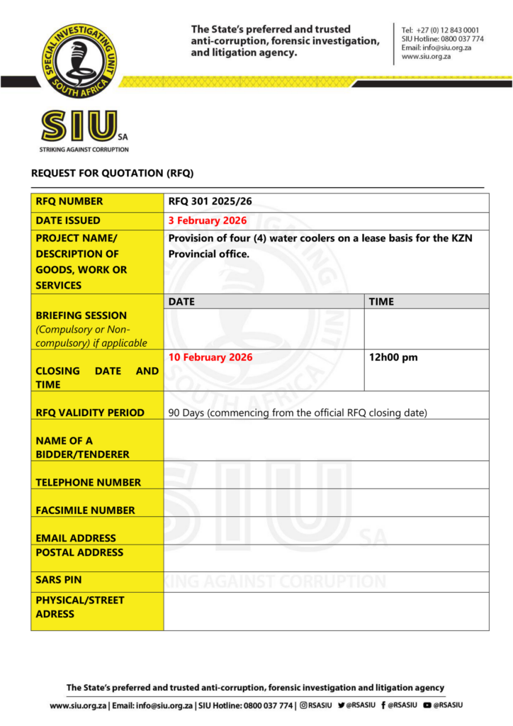 South Africa: Provision of four (4) water coolers on a lease basis for the KZN Provincial office.