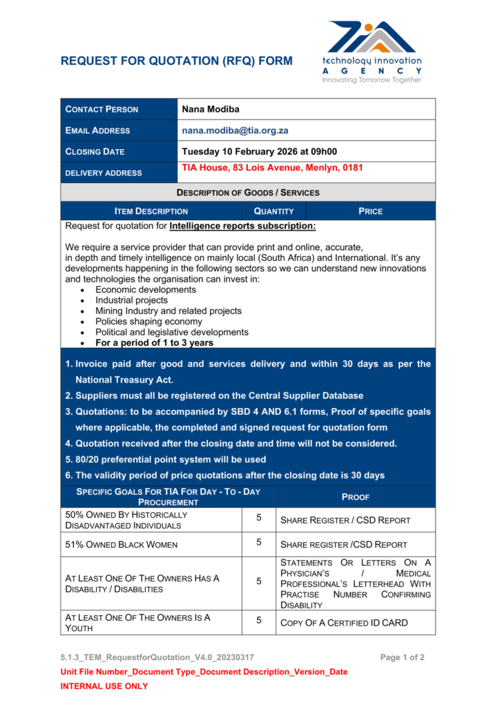 South Africa: Intelligence reports subscription: